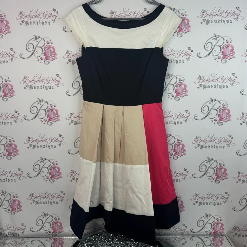 Kate Spade dress pleated Pink, Black, and White cream colorblock cinch Dress